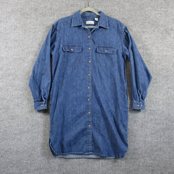 VINTAGE LL Bean Dress Womens 8 Denim Shirt Pockets Cotton 90s Dark Wash